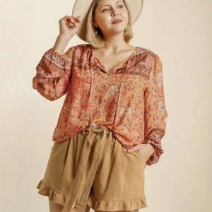 UMGEE Bohemian Mixed Floral Print Puff Sleeve Blouse